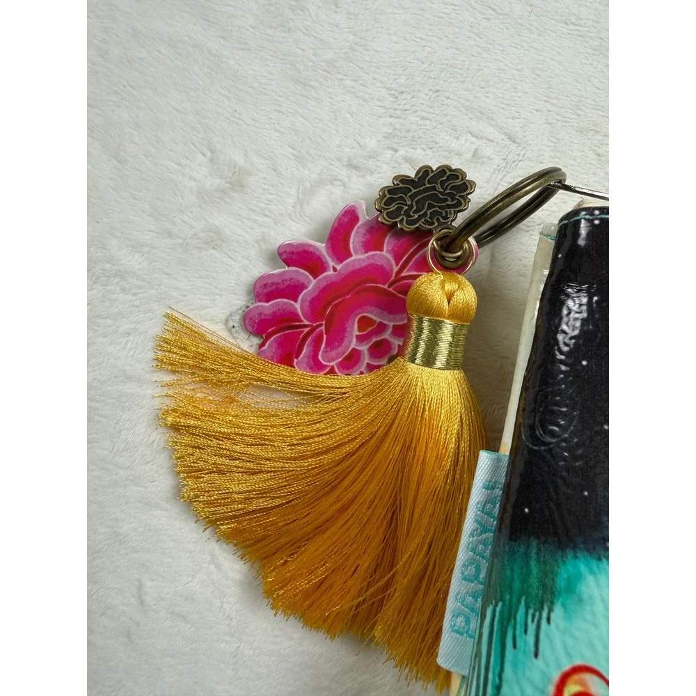 PAPAYA! Small Tassel Pouch Artistic Floral Makeup Travel Bag Green Multi
